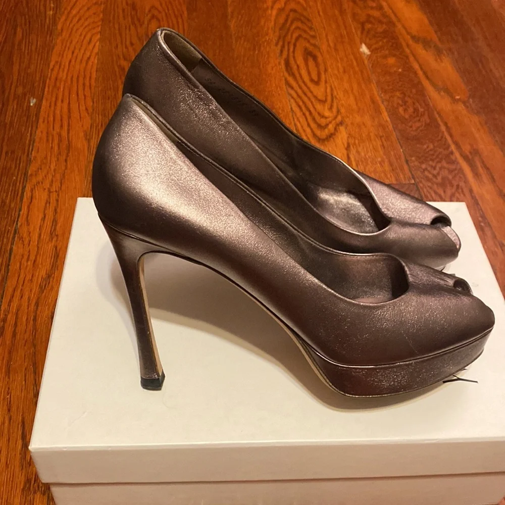 Saint Laurent Metallic Bronze Peep-Toe Pumps - Picture 2 of 4